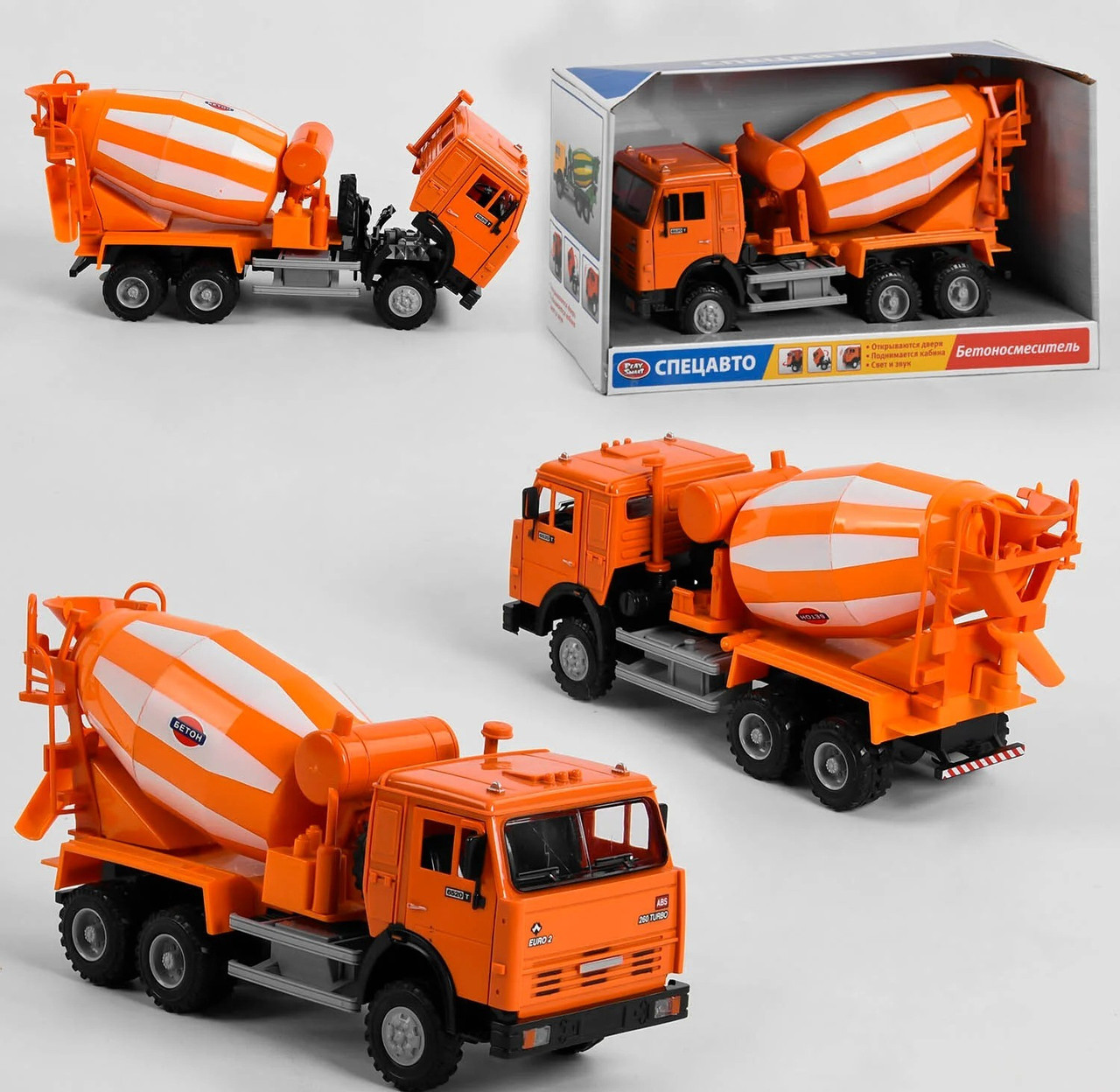 9117 А Камаз Play Smart, Бетонозмішувач, на батарейках, підсвітка фар, звук, двері, у коробці
