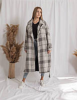 Кашемировое пальто в клетку на запах с поясом и принтом гусиной лапки,женское,размеры:42-46,48-52