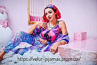 Комплект (пижама и халат) женский шелковый с принтом Русалочка голубой