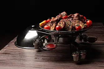 Садж для розігріву і подачі шашлику кований 36 см з чарками + соусницами