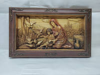 Икона Мария с Иисусом кормят голубей, икона из дерева, резная из дерева 47х31см