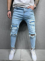 Чоловічі сині джинси з дірками slim, турецькі рвані чоловічі джинси в обтягнення весна осінь літо