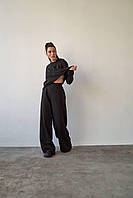 Женский спортивный костюм  с необработанными краями S-M L-XL (42-44 46-48) Черный худи+брюки