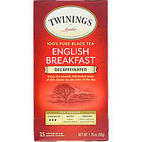 Черный чай Twinings, 100% Pure Black Tea, English Breakfast, Decaffeinated, 25 Tea Bags, 1.76 oz (50 g) -