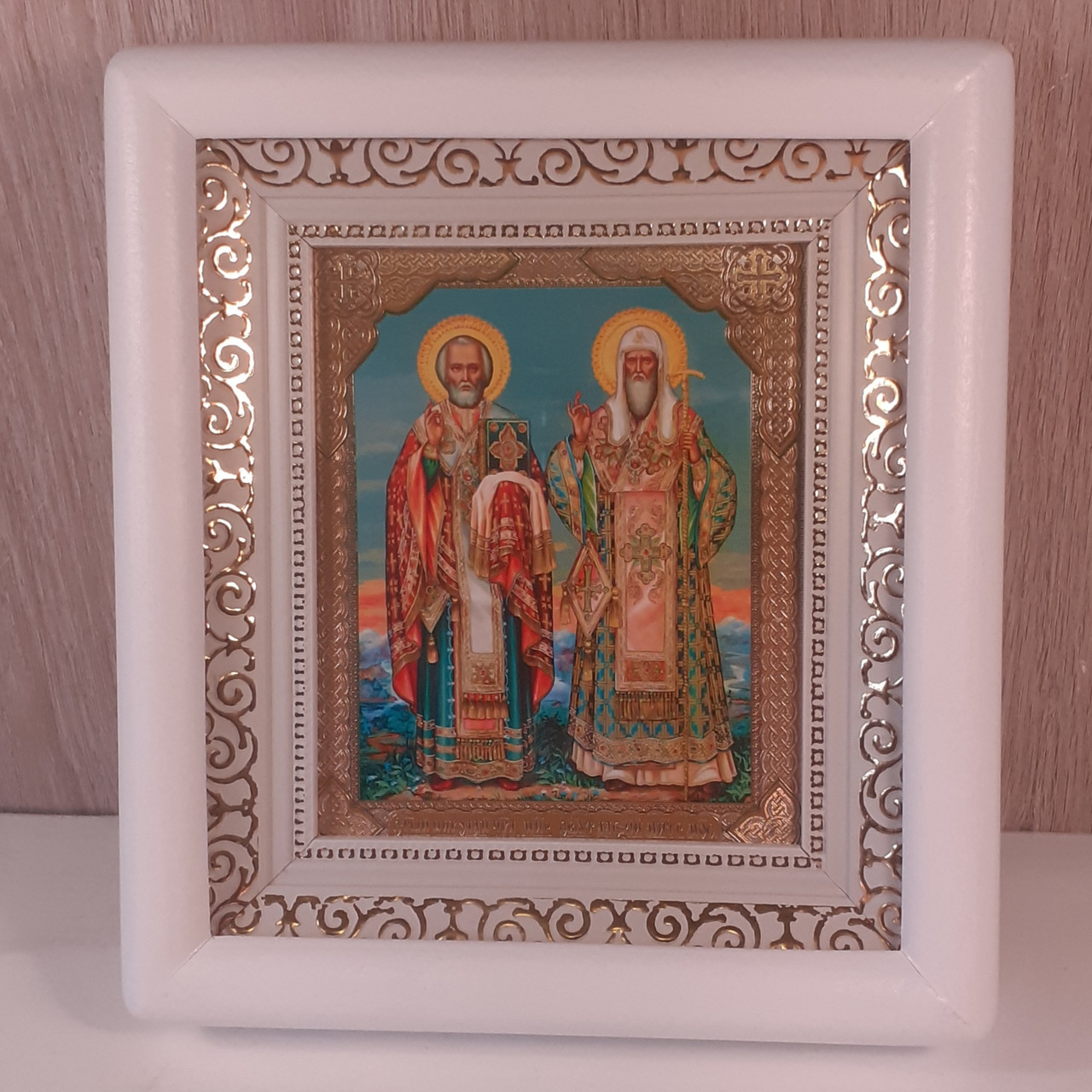 Ікона Микола Чудотворець та Олексій Московський святителям, лик 10х12 см, у білому дерев'яному кіоті, фото 1
