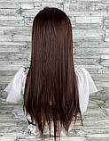 Перука жіноча рівна коричнева темна з чубком і проділом з термоволокна 70см довга, фото 4
