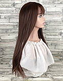 Перука жіноча рівна коричнева темна з чубком і проділом з термоволокна 70см довга, фото 2