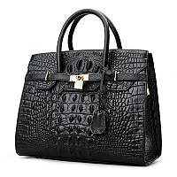 Женская кожаная черная большая сумка с принтом крокодила