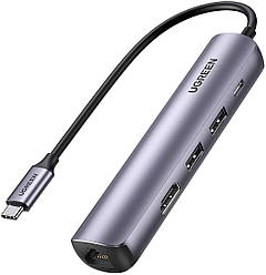 USB-хаб концентратор UGREEN 5 в 1 Type-C to USB Type C, Ethernet, HDMI, USB 3.0 Grey (CM418)
