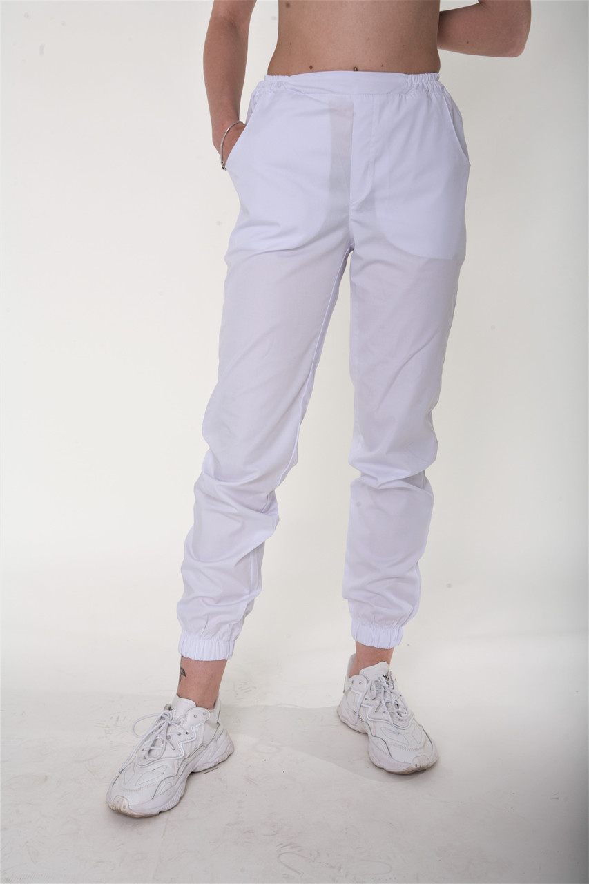 Белые молодежные медицинские штаны-джоггеры из коттона с карманами 42-56 - фото 1 - id-p1585390368