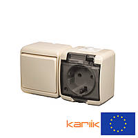 Розетка+выключатель IP54 Karlik JUNIOR 1WGHH-1sd бежевый с заземлением крышкой наружный (микс горизонтальный)