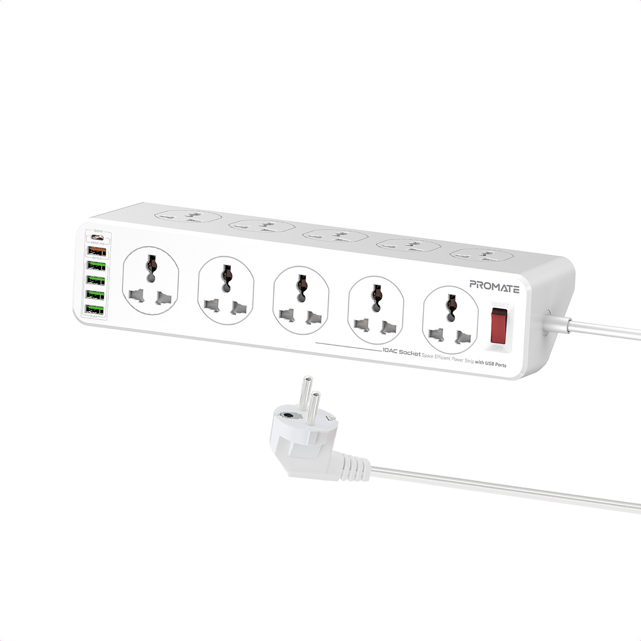 Мережевий фільтр 16-в-1 Promate PowerMatrix-5M 10 розеток, 1хUSB-C PD, 1хUSB-A QC 3.0, 4хUSB-A 5м White (powermatrix-5m.eu)