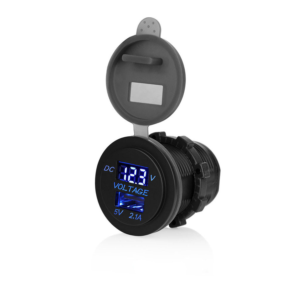 USB-розетка Р12 автомобільна кругла врізна з вольтметром (12-24 В, USB 2.1 А, з кришкою, із синьою підсвіткою), фото 1