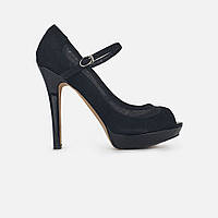 Женские туфли с ремешком черные замшевые на каблуке 39, фото 1
