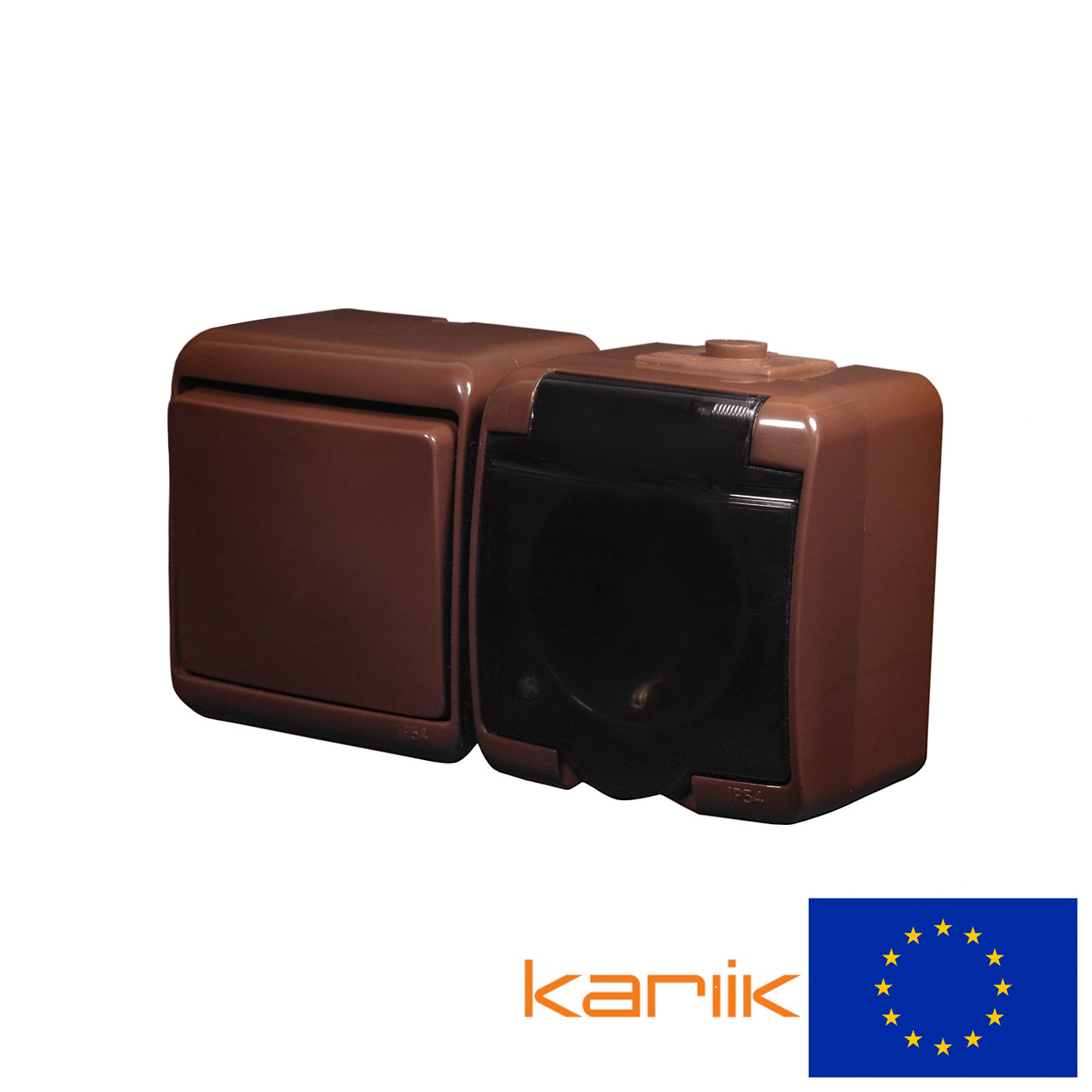 Розетка+вимикач IP54 Karlik JUNIOR 4WGHH-1sd коричневий з заземленням кришкою прозорою зовнішній (мікс горизонтальний)