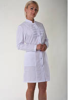Однотонний білий медичний жіночий халат з довгими рукавами, комір стійка 42-60 44