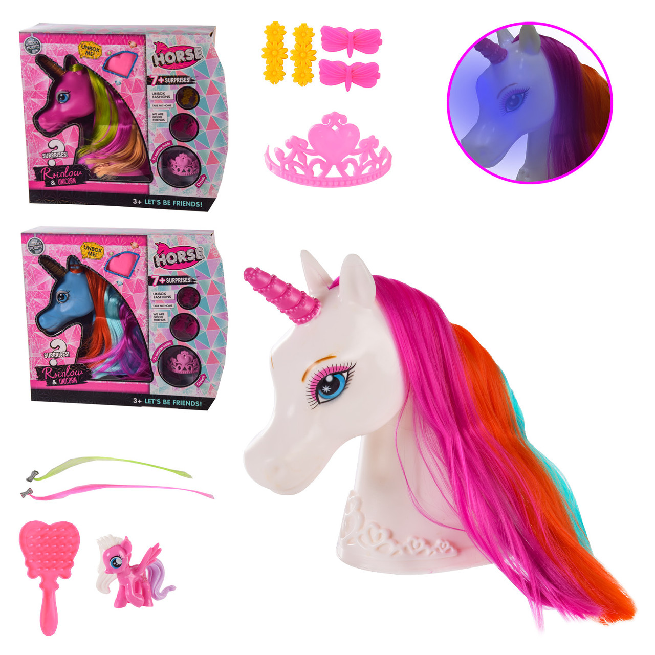 Голова для зачісок Єдиноріг, світло, звук, сюрпризи, 3 види, LK1076