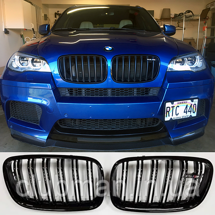 Решітка ноздрі радіатора BMW (БМВ) X5 X6 series E70 E71 (2006 - 2013) Глянець 2 ребра + шильдик Х5М або Х6М, фото 1
