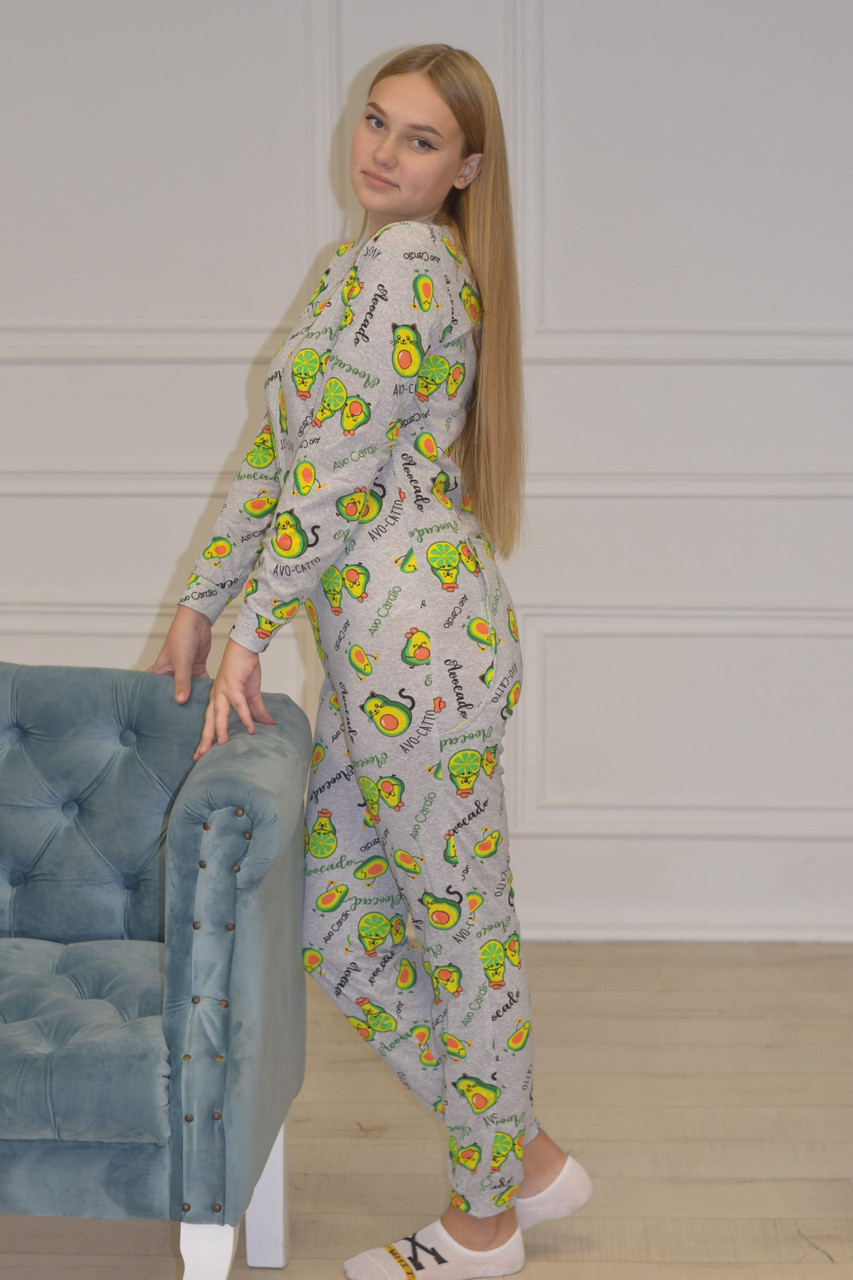 Пижама-комбинезон с карманом на попе хлопковая попожама принт Авокадо (размеры: XS-4XL), фото 1