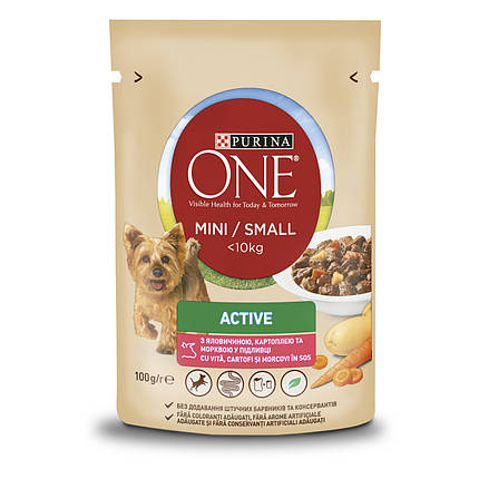 Вологий корм для собак Purina One Mini Active для малих порід з яловичиною шматочки у підливці 100 г, фото 1