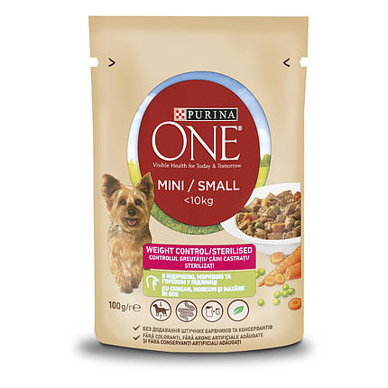 Вологий корм для собак Purina One Mini Weight control для малих порід з індичкою шматочки у підливці 100 г, фото 1