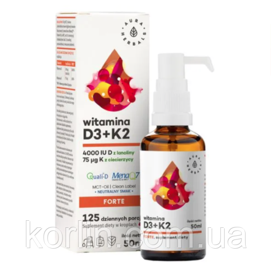 Натуральний Вітамін Д3 + K2 Форте 50 мл Aura Herbals Vitamin D3 + К2 Forte Доставка з ЄС, фото 1