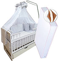 Акція! Набір у ліжечко з матрацом "Люкс". Білизна 8 елементів + матрац кокос 11 см + тримач. Білі зірки