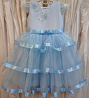 Блестящее голубое нарядное детское платье с оборками и вышивкой на 2-4 годика