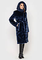 Шуба жіноча зимова з штучного хутра довга з поясом і капюшоном - 044P чорний колір