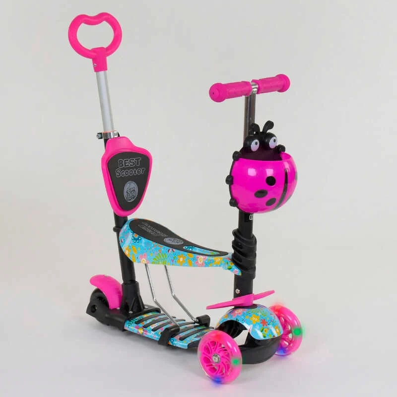 Самокат 5 в 1 Best Scooter пластмасовий рожевий з батьківською ручкою колеса PU з підсвічуванням та підніжками