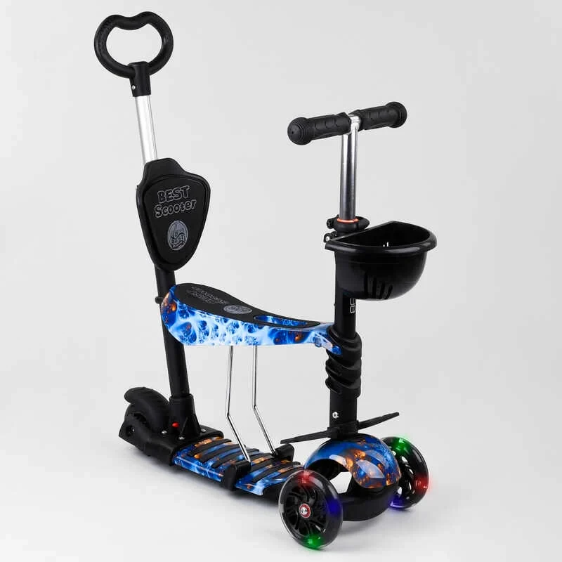 Самокат 5 в 1 Best Scooter пластмасовий синій з батьківською ручкою колеса PU з підсвічуванням та підніжками