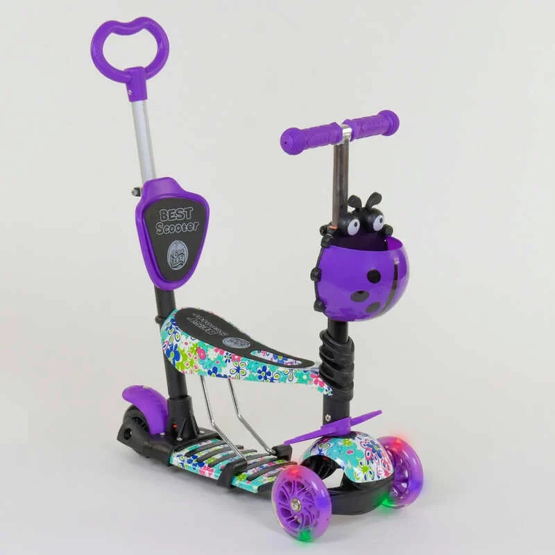 Самокат 5 в 1 Best Scooter пластмасовий фіолетовий з батьківською ручкою колеса PU з підсвічуванням та підніжками