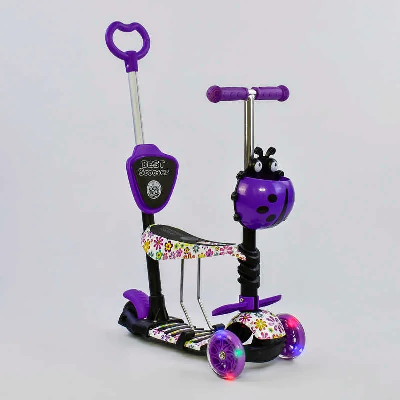 Самокат 5 в 1 Best Scooter пластмасовий фіолетовий з батьківською ручкою колеса PU з підсвічуванням та підніжками