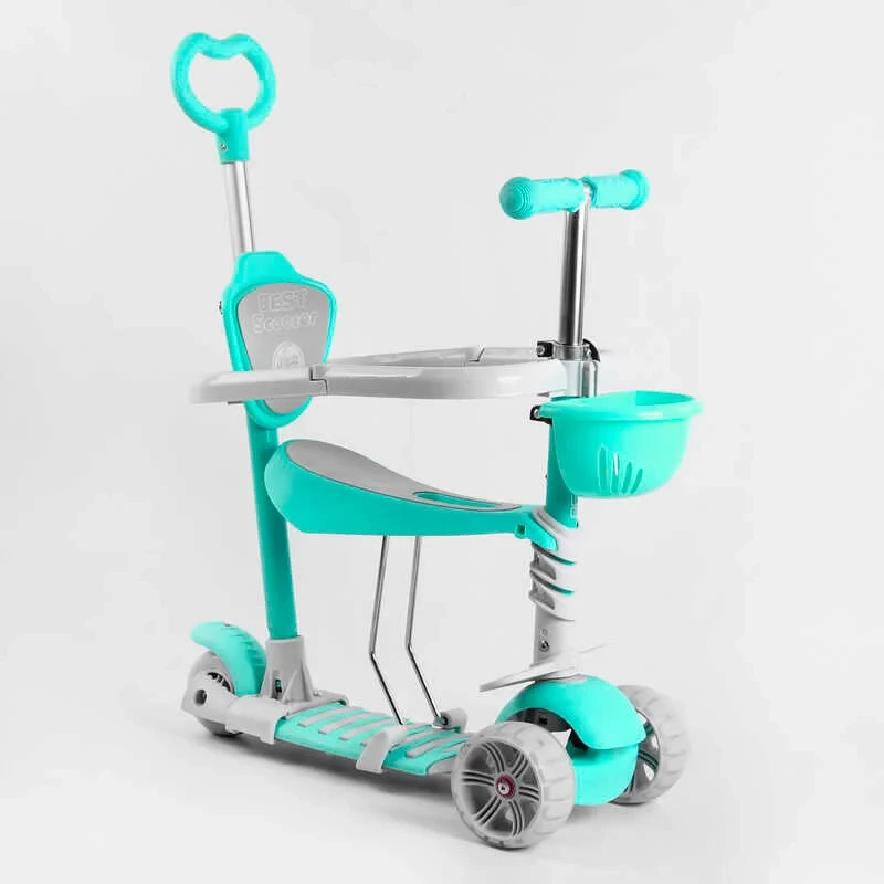 Самокат 5 в 1 Best Scooter бірюзовий із захисним бампером та батьківською ручкою колеса PU з підсвічуванням