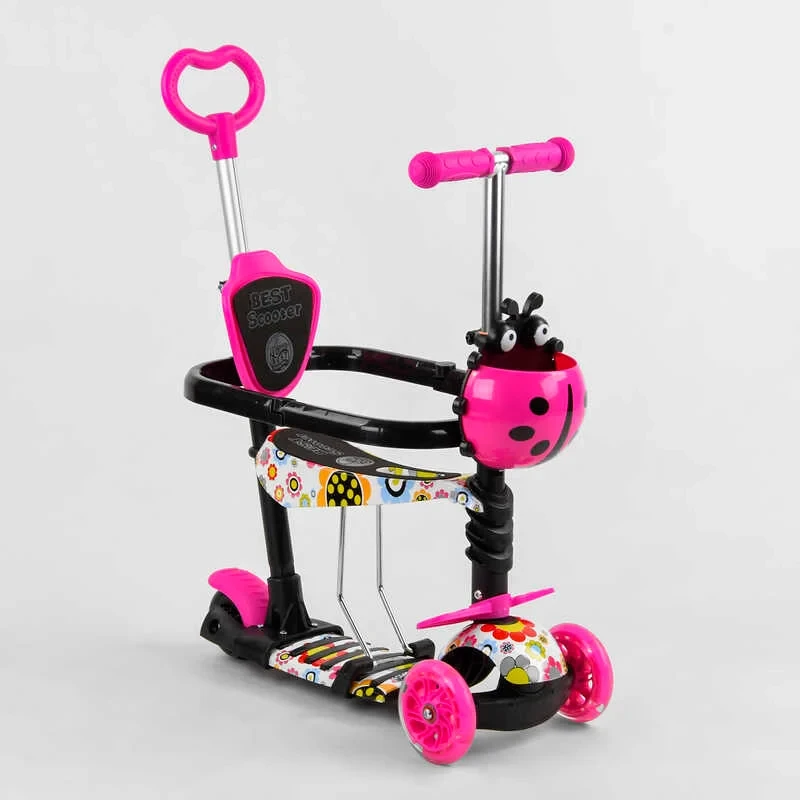 Самокат 5 в 1 Best Scooter рожевий із захисним бампером та батьківською ручкою колеса PU з підсвічуванням