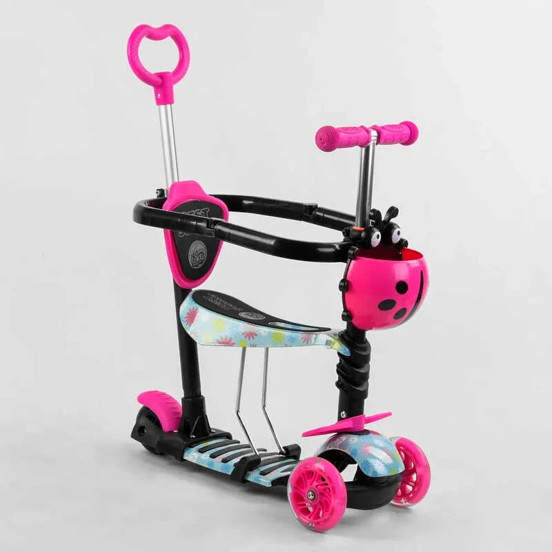 Самокат 5 в 1 Best Scooter рожевий із захисним бампером та батьківською ручкою колеса PU з підсвічуванням