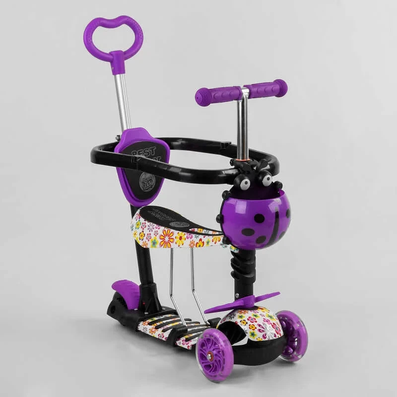 Самокат 5 в 1 Best Scooter фіолетовий із захисним бампером та батьківською ручкою колеса PU з підсвічуванням