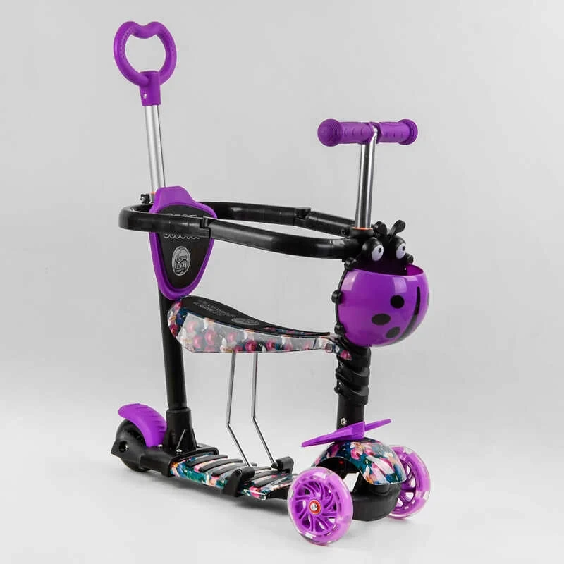 Самокат 5 в 1 Best Scooter фіолетовий із захисним бампером та батьківською ручкою колеса PU з підсвічуванням, фото 1