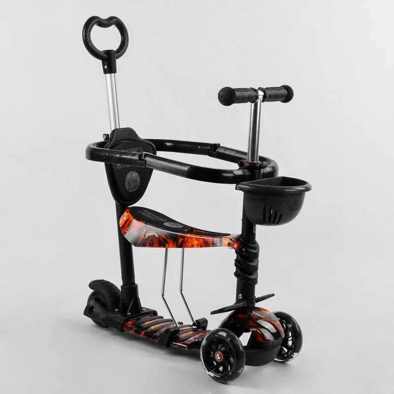 Самокат 5 в 1 Best Scooter помаранчевий із захисним бампером та батьківською ручкою колеса PU з підсвічуванням