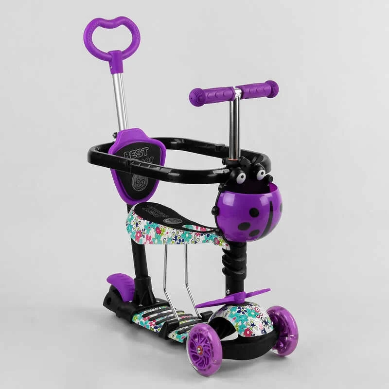 Самокат 5 в 1 Best Scooter фіолетовий із захисним бампером та батьківською ручкою колеса PU з підсвічуванням