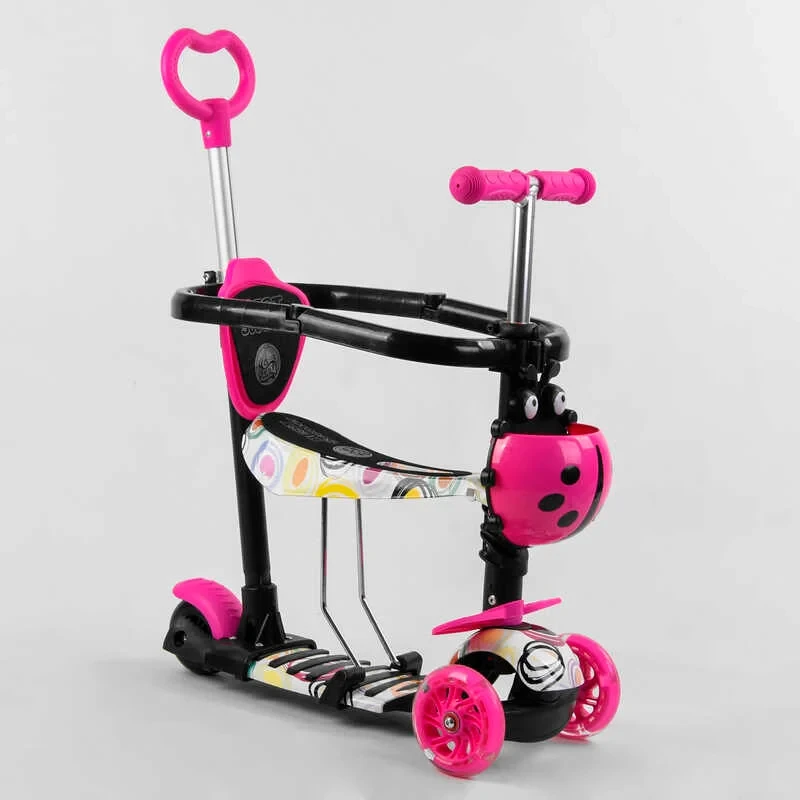 Самокат 5 в 1 Best Scooter рожевий із захисним бампером та батьківською ручкою колеса PU з підсвічуванням