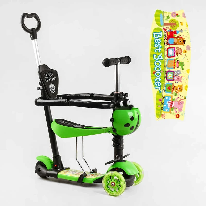 Самокат 5 в 1 Best Scooter салатовий із захисним бампером та батьківською ручкою колеса PU з підсвічуванням