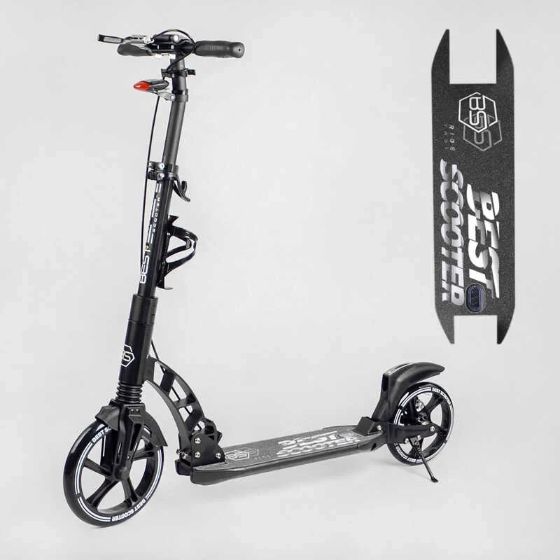 Самокат двоколісний чорний Best Scooter колеса PU230-200 амортизатори ручне дискове гальмо підстаканник світло