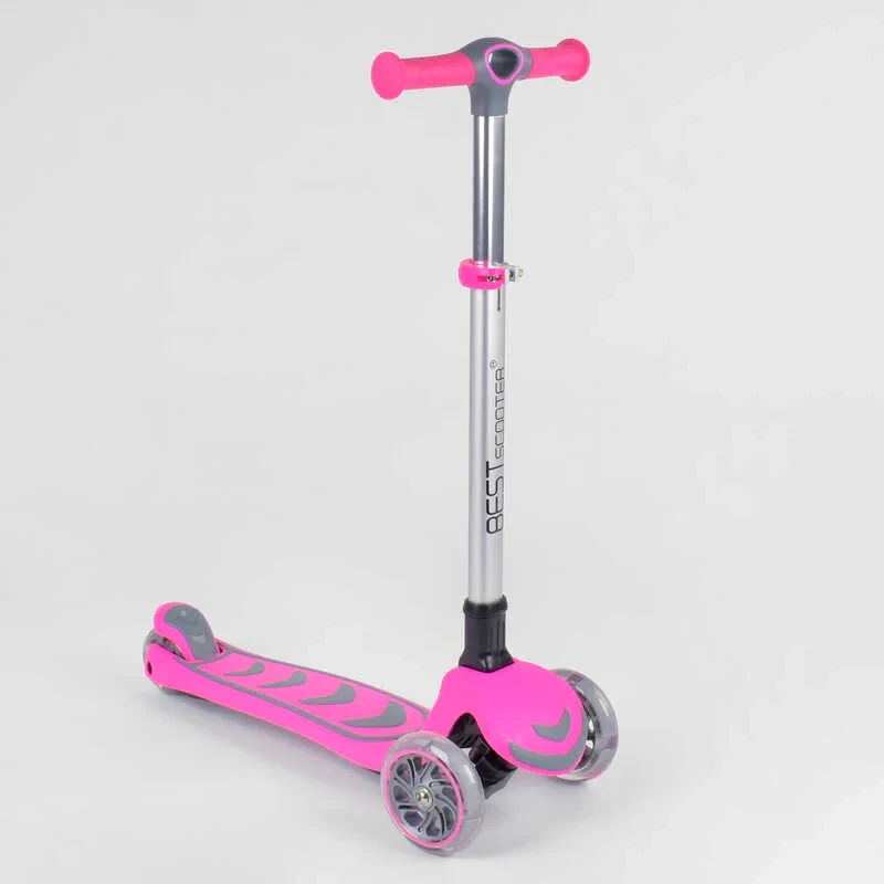 Самокат триколісний дитячий Best Scooter рожевий складаний алюмінієвий кермо колеса PU з підсвічуванням