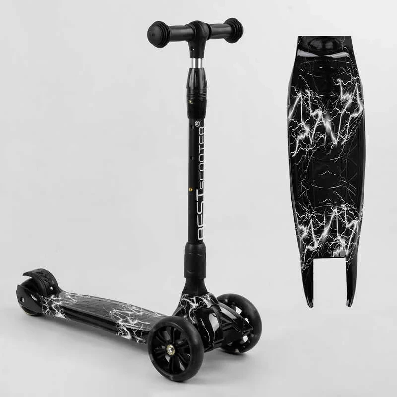Самокат триколісний дитячий Best Scooter MAXI чорне складане кермо колеса PU 130х35 мм з підсвічуванням
