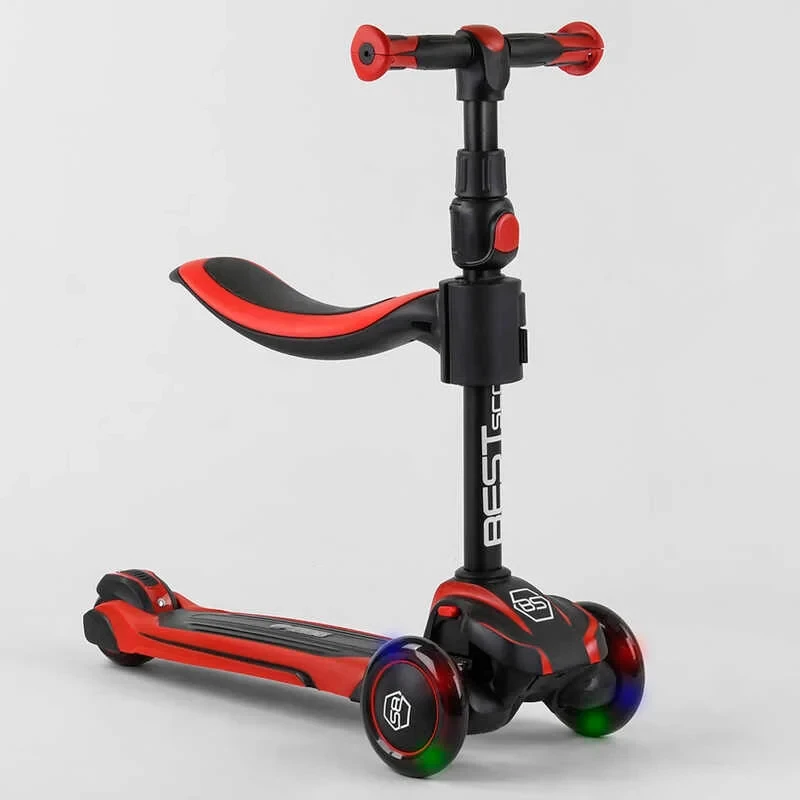 Самокат із сидінням триколісний Best Scooter червоне алюмінієве кермо колеса PU зі світлом
