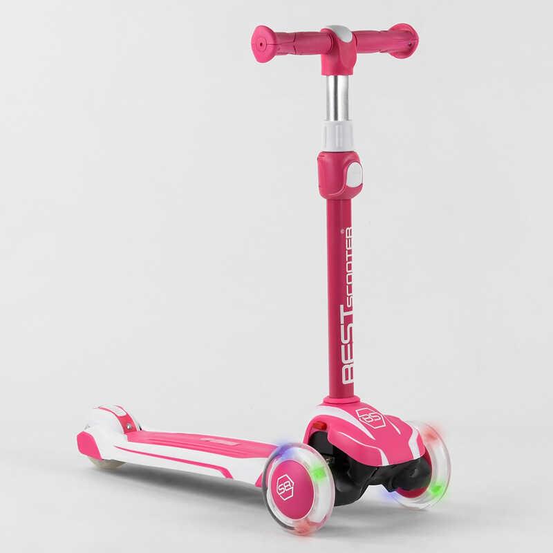 Самокат триколісний дитячий Best Scooter MAXI рожеве алюмінієве кермо колеса PU зі світлом