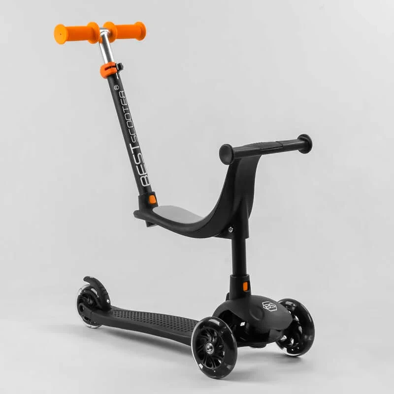 Самокат біговіл триколісний Best Scooter чорний колеса PU зі світлом батьківська ручка
