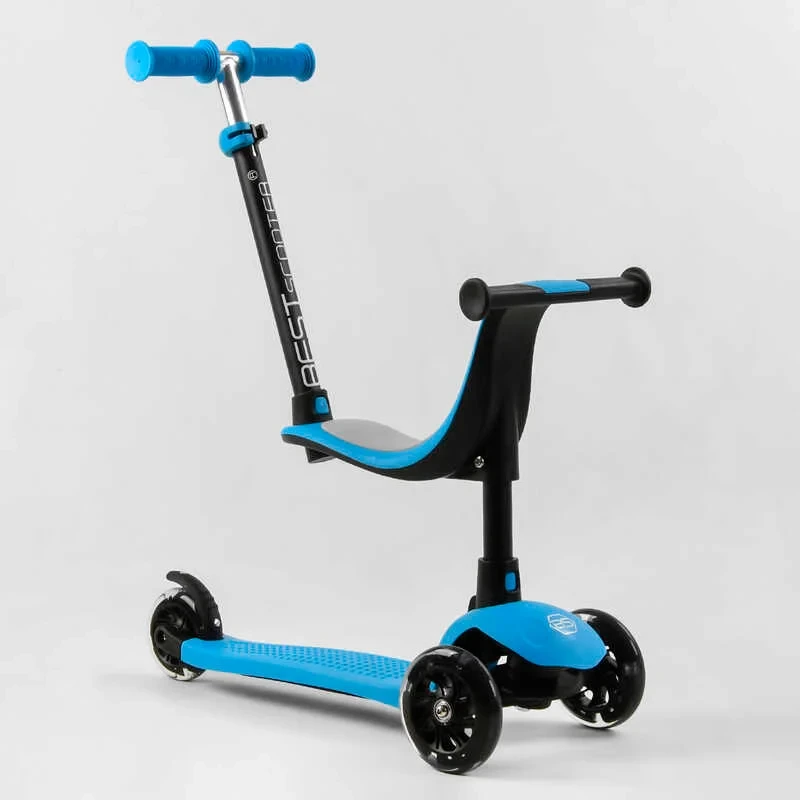 Самокат біговіл триколісний Best Scooter блакитний колеса PU зі світлом батьківська ручка