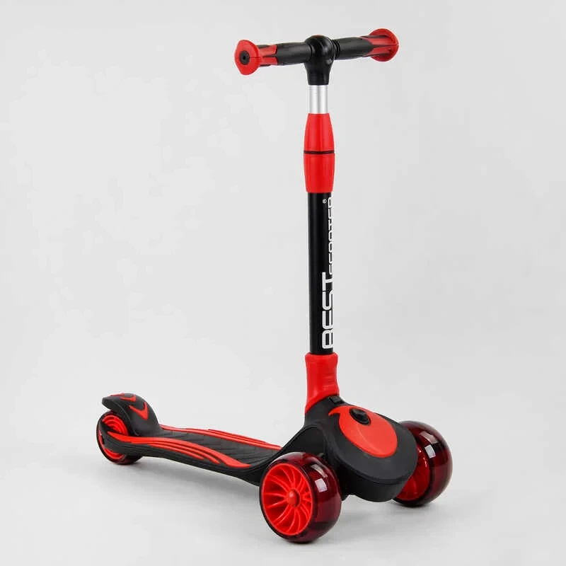 Самокат триколісний дитячий Best Scooter червоний складаний алюмінієвий кермо колеса PU зі світлом, фото 1